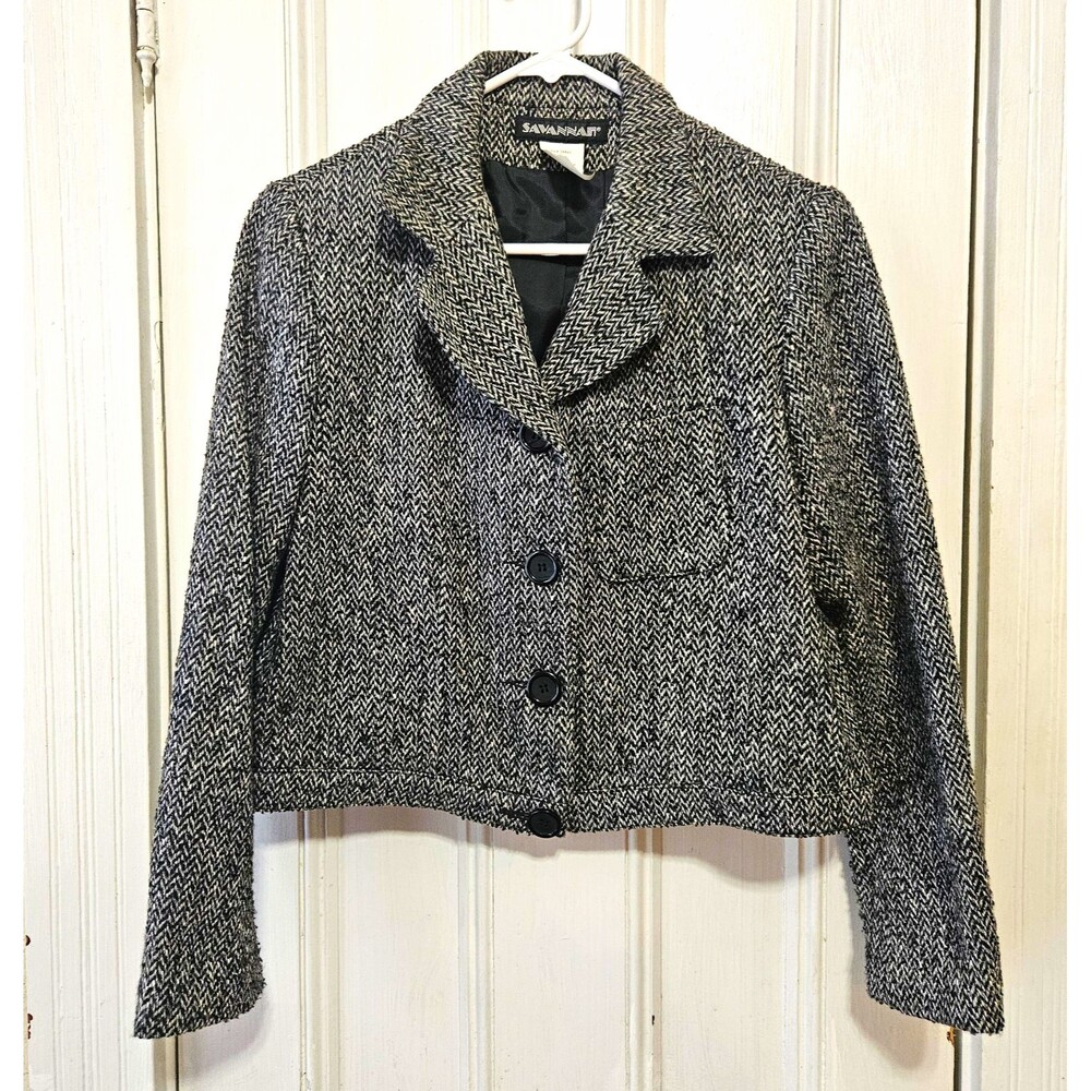Vintage 90s Savannah Cropped Herringbone Blazer 70% Wool Petite 6P